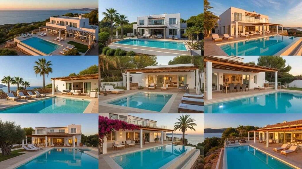 Luxury villas collage in Ibiza with sunset
