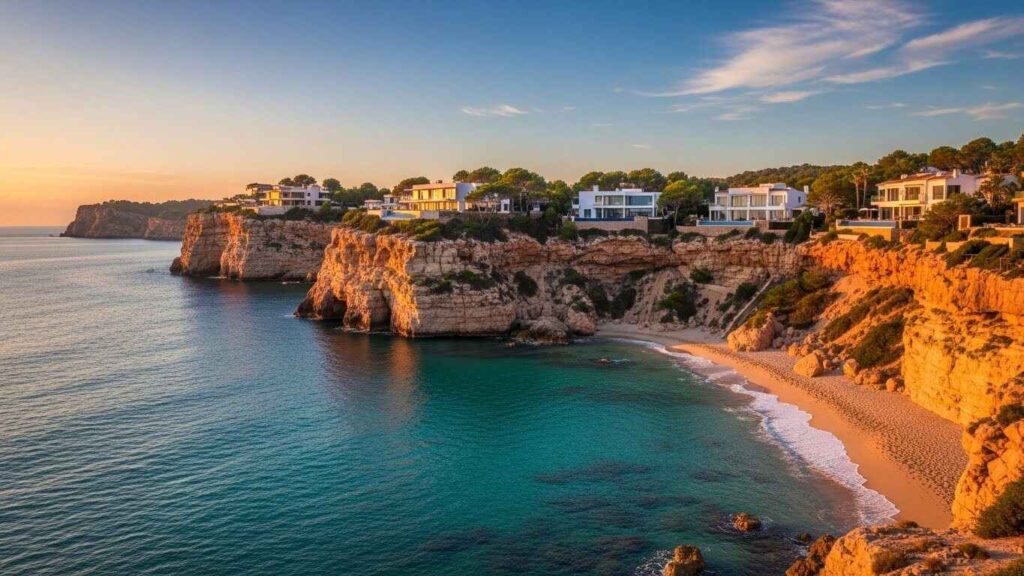 Scenic Ibiza coastline with luxury villas at sunset