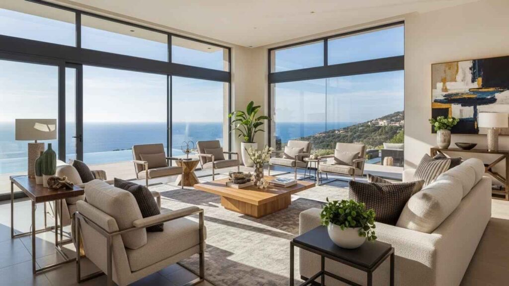 Luxury villa interior with pool and sea view in Ibiza