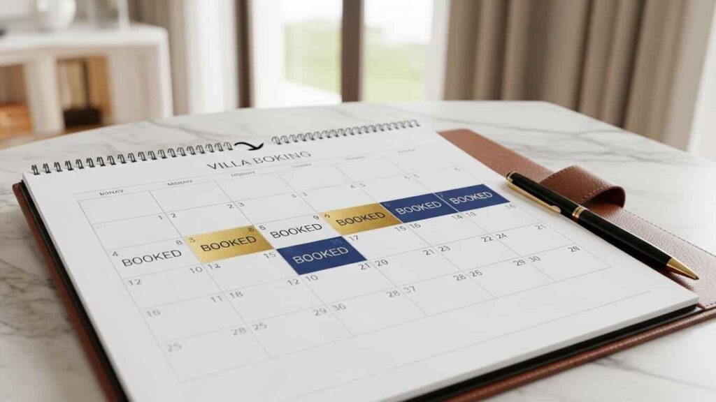 Calendar showing Ibiza villa peak season availability